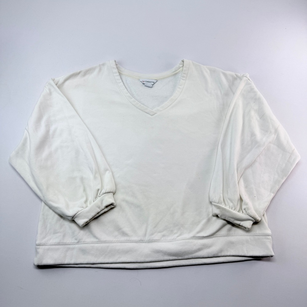Liz Claiborne Womens XXL White V-Neck Balloon Sleeve Pullover Sweatshirt Fleece